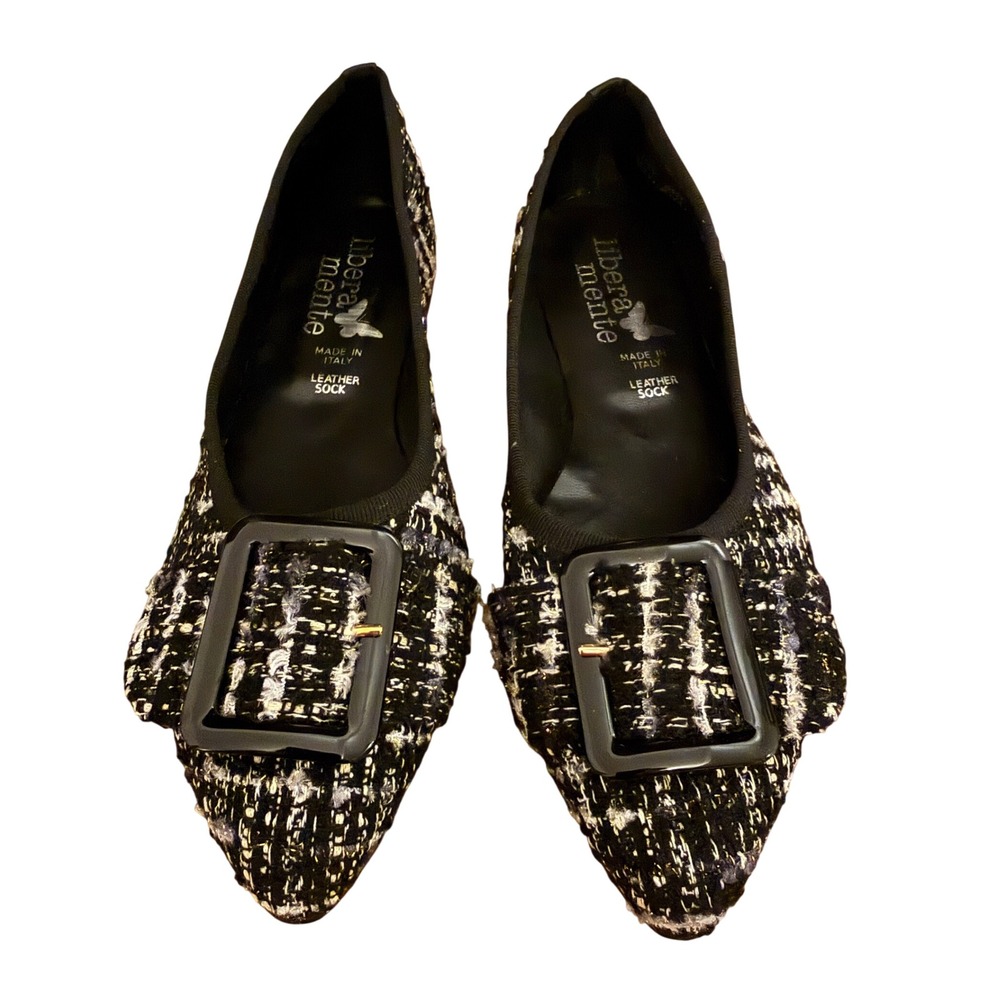 Libera Mente Black Boucle Tweed Pointy Toe Flats Buckle‎ EU 40 Italy New